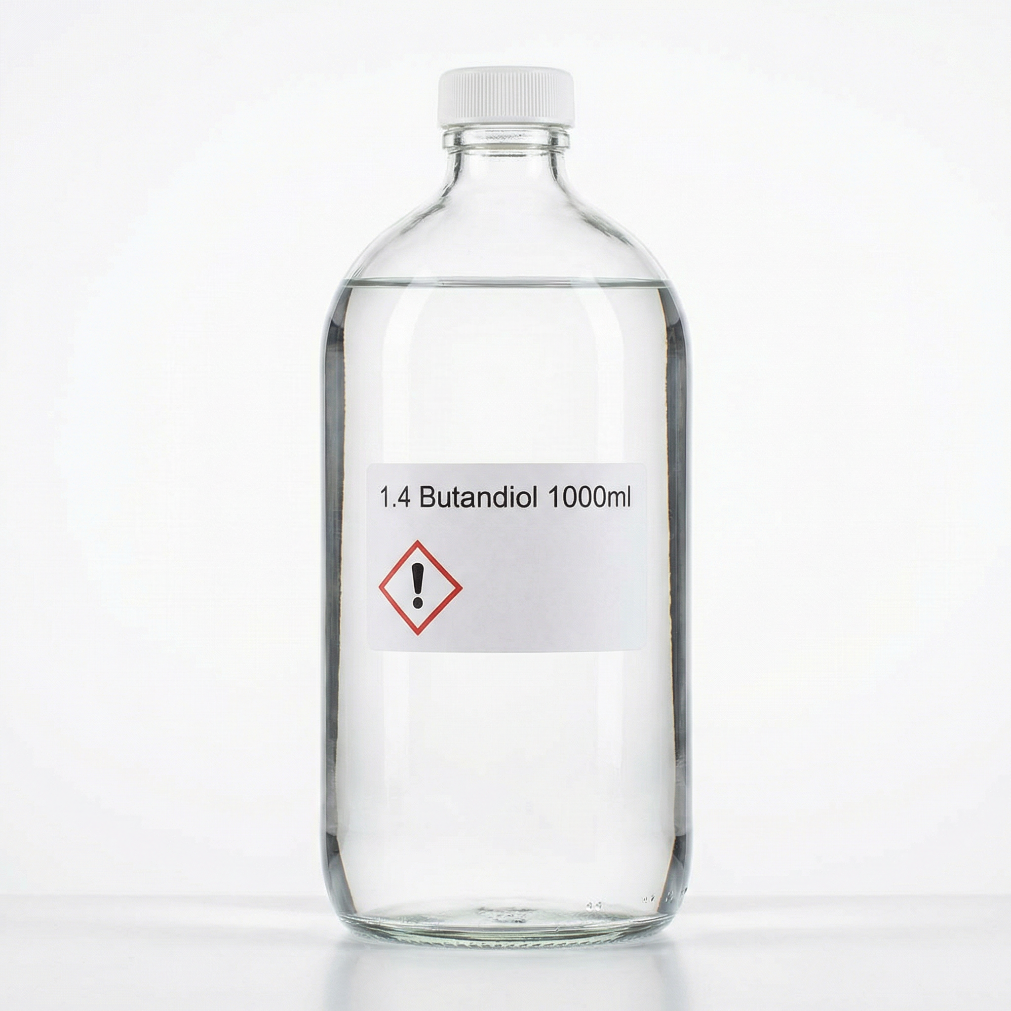 1.4-Butandiol 1000ml - Professionelle Chemikalien für industrielle Anwendungen 1.4-Butandiol 1000ml - Hochreines 1.4-Butandiol 1000ml Flasche mit Gefahrensymbolen