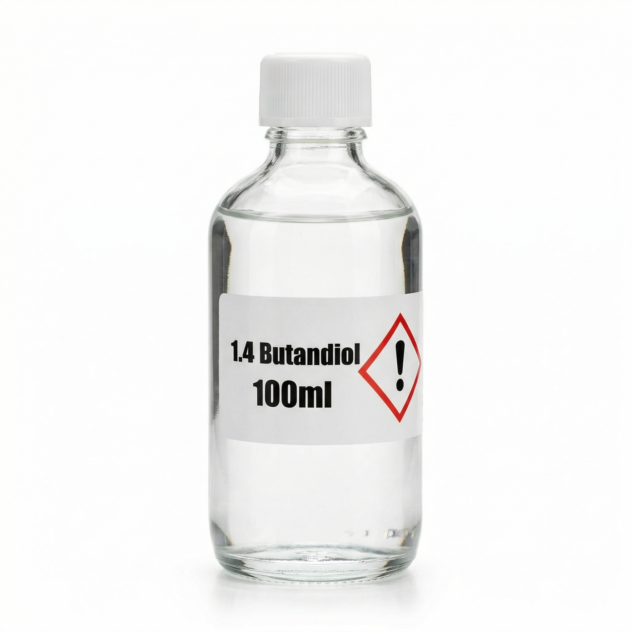 1.4-Butandiol 100ml - Professionelle Chemikalien für industrielle Anwendungen 1.4-Butandiol 100ml - Hochreines 1.4-Butandiol 100ml Flasche mit Gefahrensymbolen