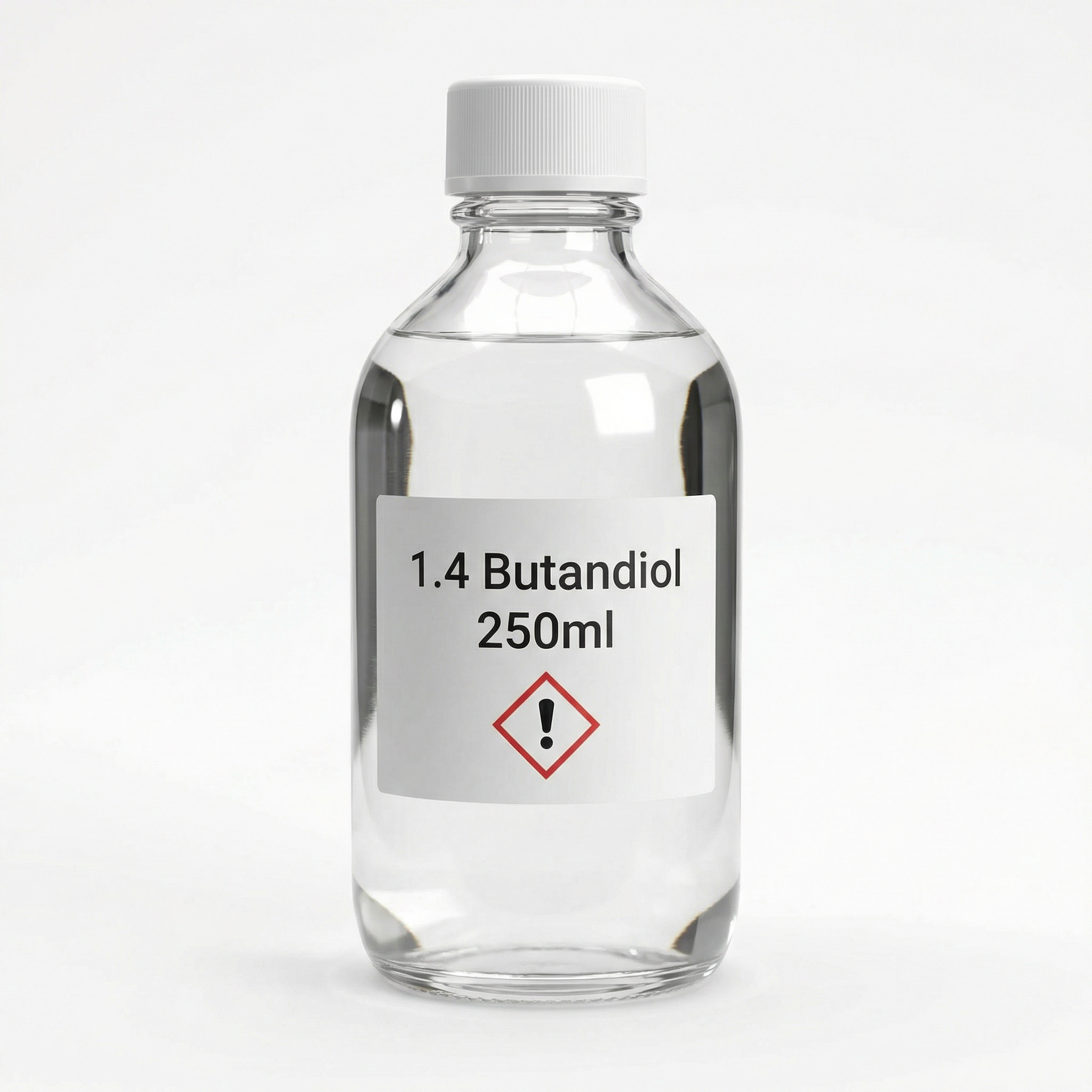 1.4-Butandiol 250ml - Professionelle Chemikalien für industrielle Anwendungen 1.4-Butandiol 250ml - Hochreines 1.4-Butandiol 250ml Flasche mit Gefahrensymbolen
