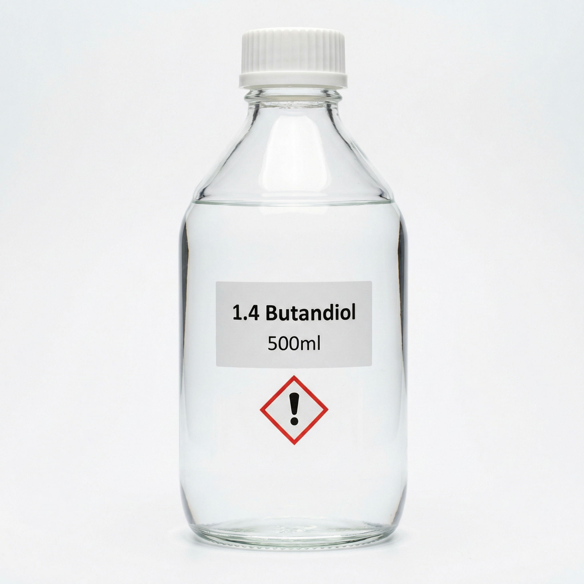 1.4-Butandiol 500ml - Professionelle Chemikalien für industrielle Anwendungen 1.4-Butandiol 500ml - Hochreines 1.4-Butandiol 500ml Flasche mit Gefahrensymbolen
